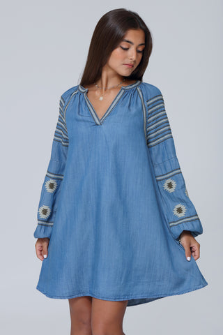 Funky Soul Aztec Embroidery Denim Dress