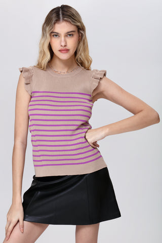 Funky Soul Stripes Pointelle Ruffle Sleeve Top