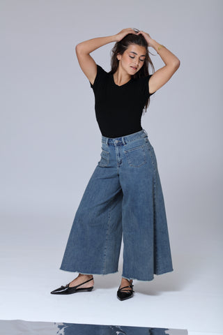 Funky Soul High Waist Palazzo Frayed Hem Jeans