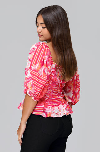 FUNKY SOUL SMOCKED GEORGETTE PEPLUM TOP