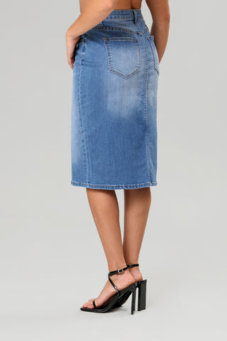 DENIM SANDWASH MIDI SKIRT