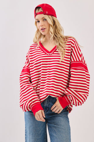 Stripes Balloon Sleeve V-Neck Knit Top
