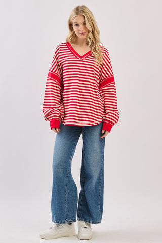 Stripes Balloon Sleeve V-Neck Knit Top