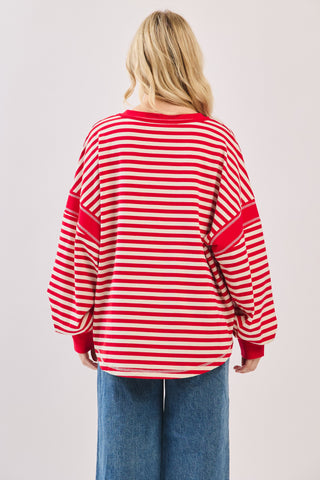 Stripes Balloon Sleeve V-Neck Knit Top