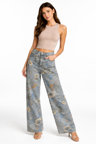 Funky Soul Lolita Flower Print Cropped Wide Leg Jean