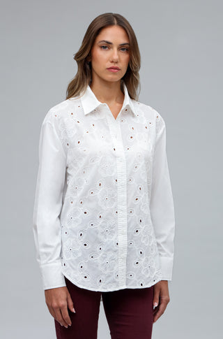 EMBROIDERED EYELET LONG SLEEVE BUTTON FRONT SHIRT