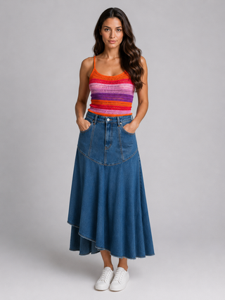 Funky Soul Denim Layered Midi Skirt