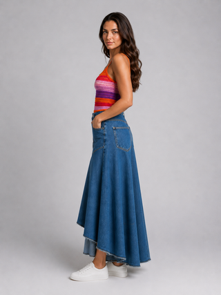 Funky Soul Denim Layered Midi Skirt