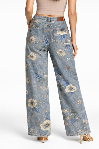 Funky Soul Lolita Flower Print Cropped Wide Leg Jean