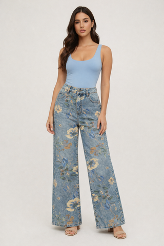 Funky Soul Lolita Flower Print Cropped Wide Leg Jean