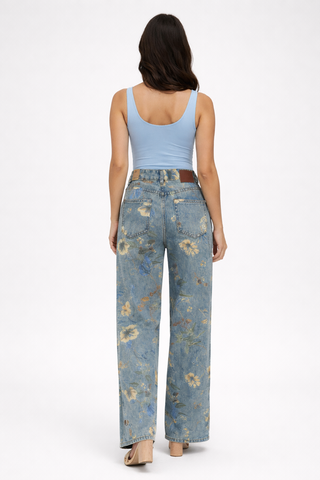 Funky Soul Lolita Flower Print Cropped Wide Leg Jean