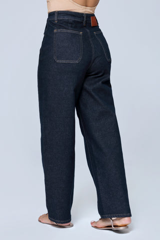 Back view of Funky Soul High-Rise Barrel Leg Jeans with high-rise waist and relaxed curved leg design.