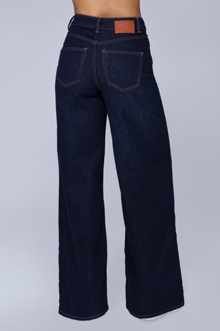 Back view of Funky Soul wide leg jeans in premium indigo denim