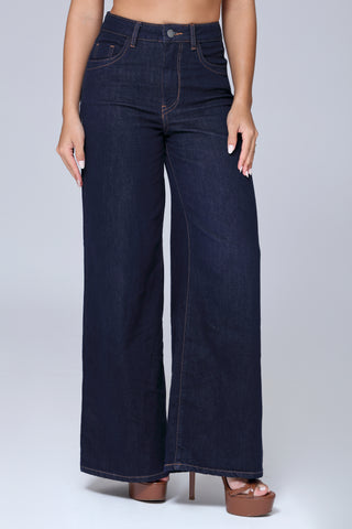 Front view of Funky Soul skate wide leg jeans in indigo denim