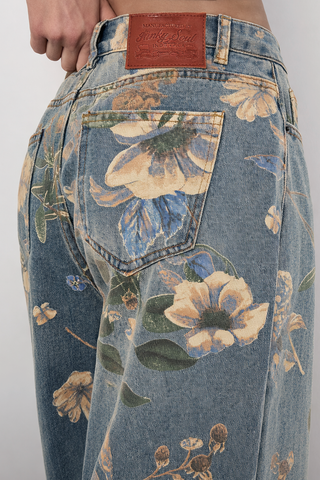 Funky Soul Lolita Flower Print Cropped Wide Leg Jean